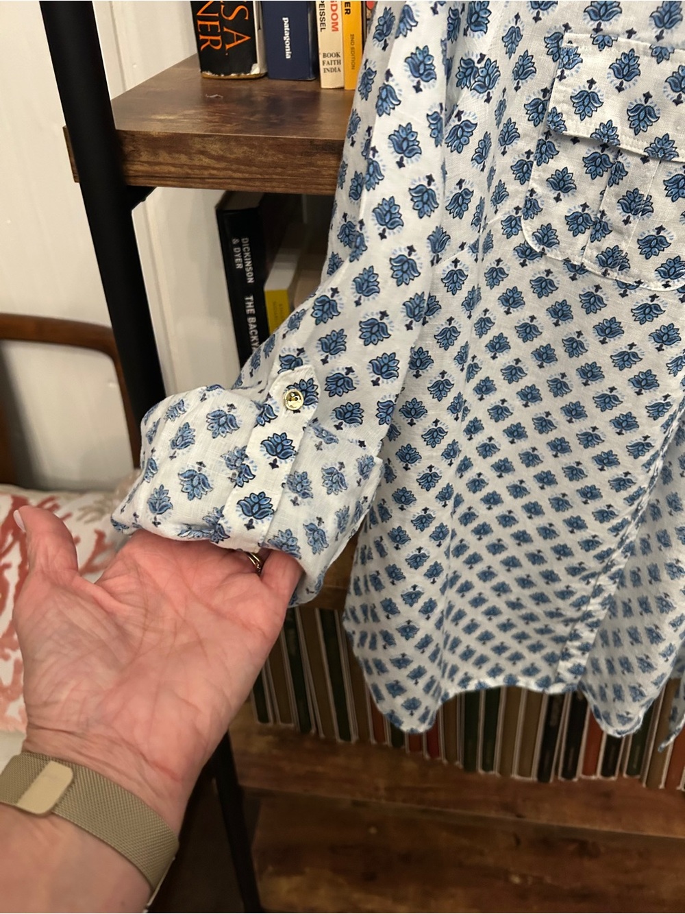 Charter Club Linen White Button-Down Shirt with Blue Floral Print - Picture 5 of 7